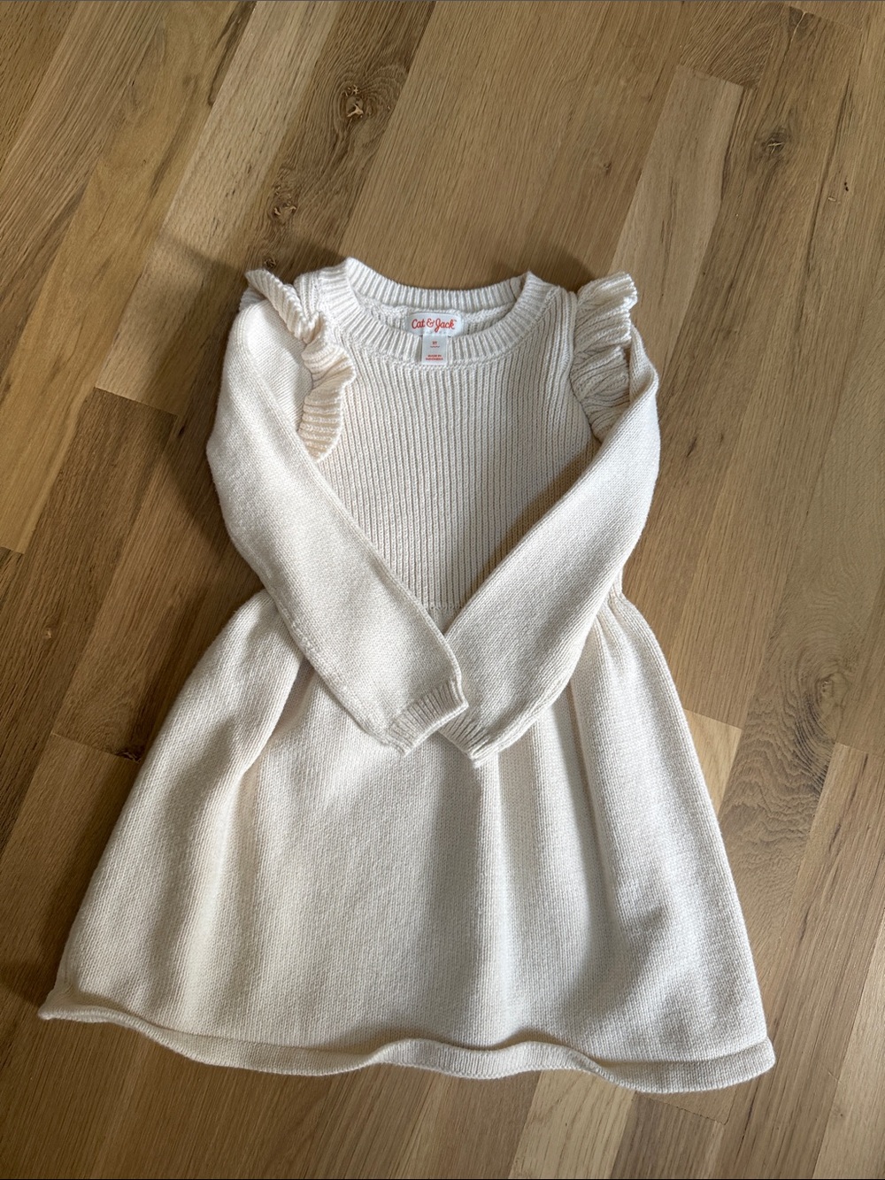 Cat & Jack Cream Knit Long-Sleeve Dress with Ruffle Shoulders